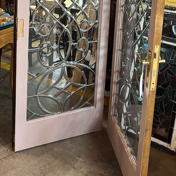 Vintage American Beveled and Leaded Glass Wood Framed French Double Door