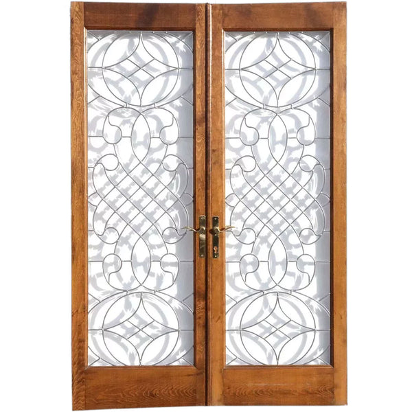 Vintage American Beveled and Leaded Glass Wood Framed French Double Door