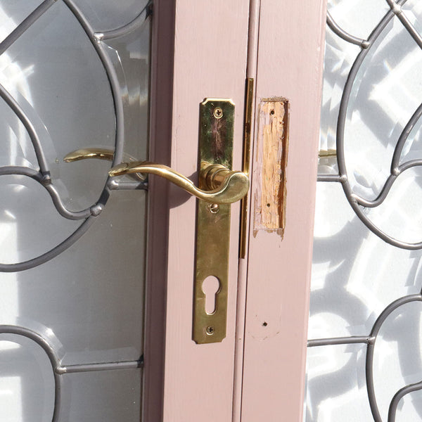 Vintage American Beveled and Leaded Glass Wood Framed French Double Door