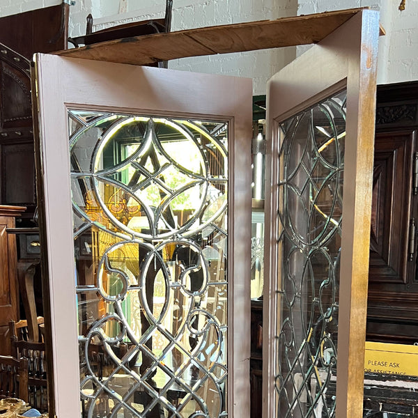 Vintage American Beveled and Leaded Glass Wood Framed French Double Door