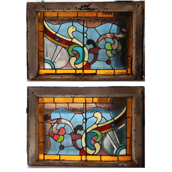 Pair American Stained, Jeweled, Leaded and Beveled Glass Windows