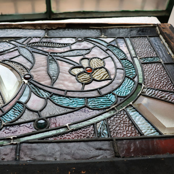 American Stained, Jeweled, Leaded and Beveled Glass Transom Window