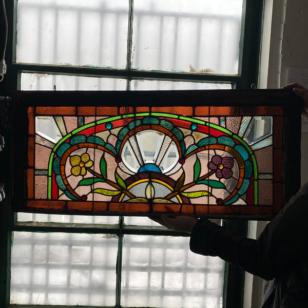 American Stained, Jeweled, Leaded and Beveled Glass Transom Window