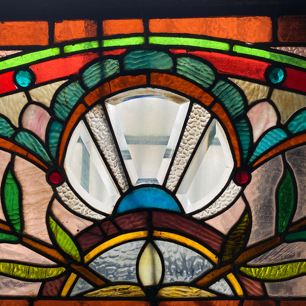 American Stained, Jeweled, Leaded and Beveled Glass Transom Window