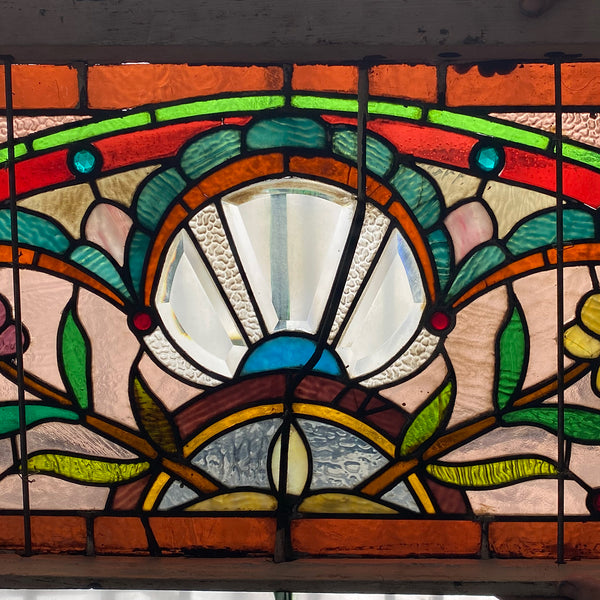 American Stained, Jeweled, Leaded and Beveled Glass Transom Window