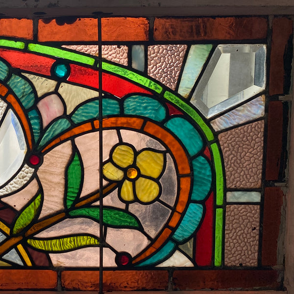 American Stained, Jeweled, Leaded and Beveled Glass Transom Window