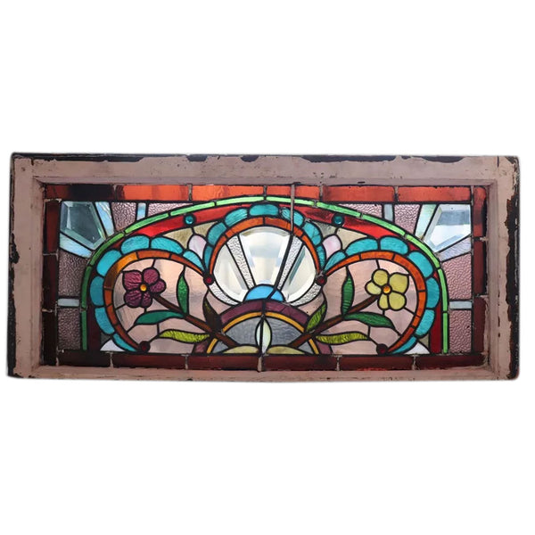 American Stained, Jeweled, Leaded and Beveled Glass Transom Window