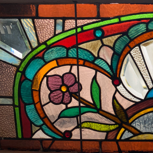 American Stained, Jeweled, Leaded and Beveled Glass Transom Window