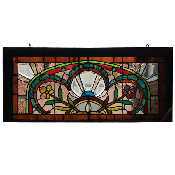 American Stained, Jeweled, Leaded and Beveled Glass Transom Window