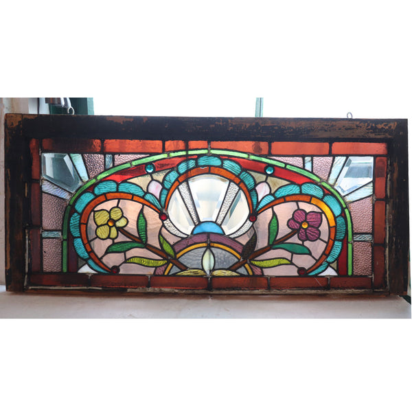 American Stained, Jeweled, Leaded and Beveled Glass Transom Window