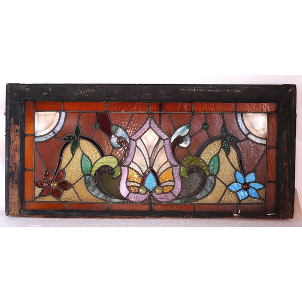 American Wells Art Glass Co. Stained, Jeweled, Leaded, Beveled Glass Transom Window