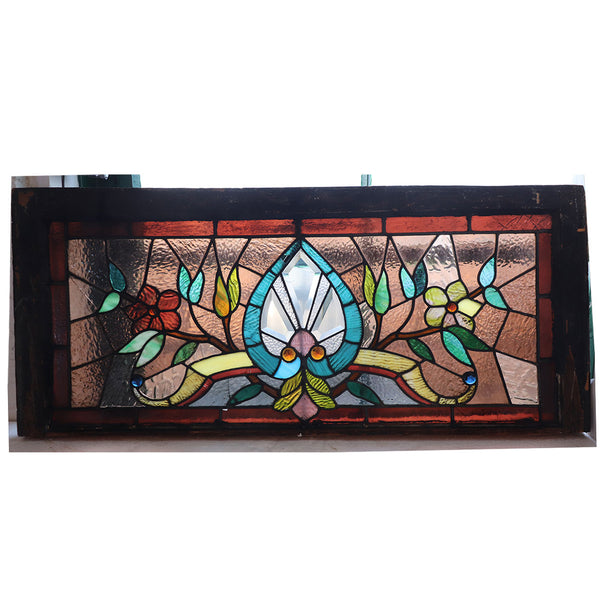 American Stained, Jeweled, Leaded and Beveled Glass Transom Window