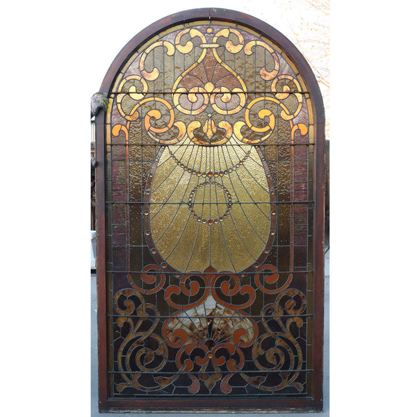 Large American Stained, Leaded, Jeweled and Opalescent Glass Arched Window