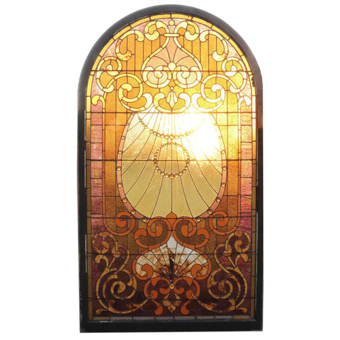 Large American Stained, Leaded, Jeweled and Opalescent Glass Arched Window