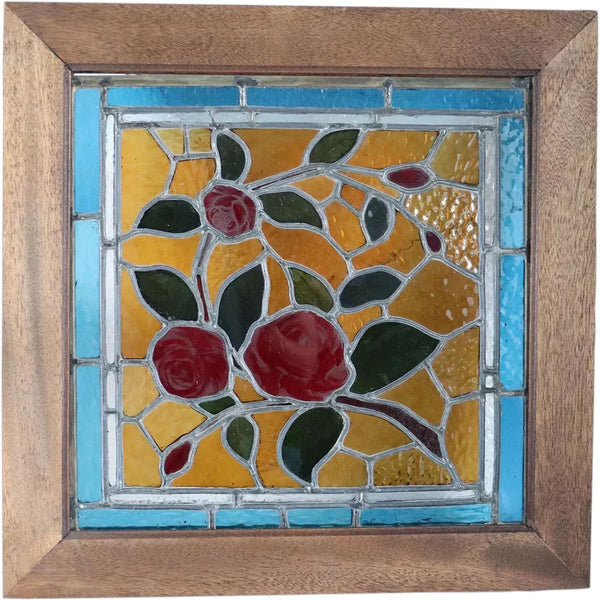 Small American Stained, Leaded and Painted Glass Square Floral Window