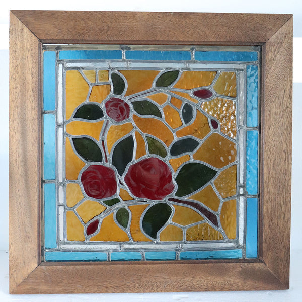 Small American Stained, Leaded and Painted Glass Square Floral Window