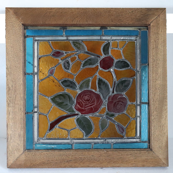 Small American Stained, Leaded and Painted Glass Square Floral Window