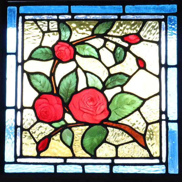 Small American Stained, Leaded and Painted Glass Square Floral Window