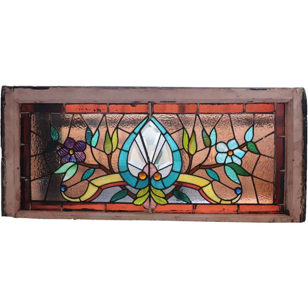 American Stained, Jeweled, Leaded and Beveled Glass Transom Window