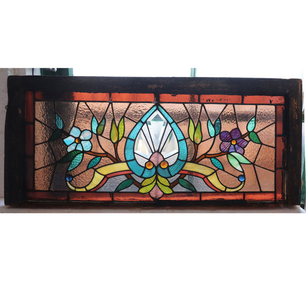 American Stained, Jeweled, Leaded and Beveled Glass Transom Window