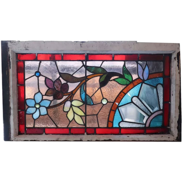 Pair American Stained, Beveled and Leaded Glass Floral Transom Windows