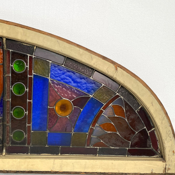 Large American Stained, Leaded and Jeweled Glass Arched Transom Window