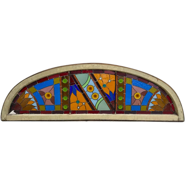 Large American Stained, Leaded and Jeweled Glass Arched Transom Window