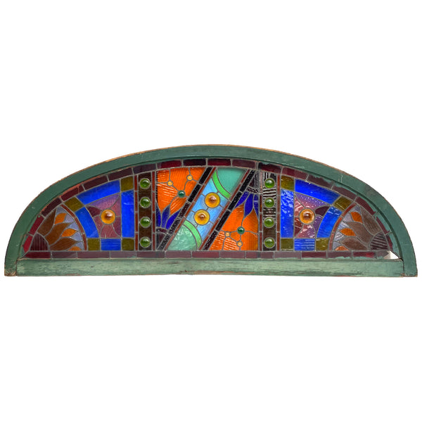 Large American Stained, Leaded and Jeweled Glass Arched Transom Window