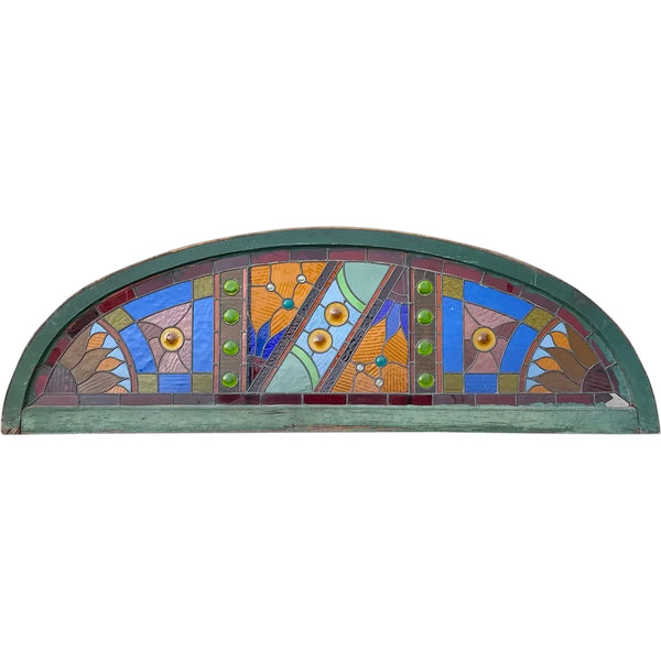 Large American Stained, Leaded and Jeweled Glass Arched Transom Window