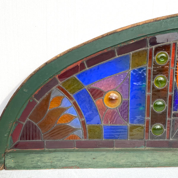 Large American Stained, Leaded and Jeweled Glass Arched Transom Window