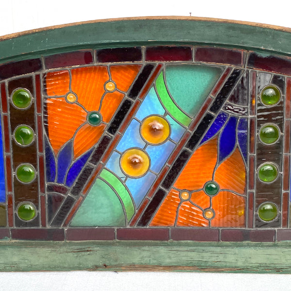 Large American Stained, Leaded and Jeweled Glass Arched Transom Window