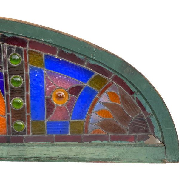 Large American Stained, Leaded and Jeweled Glass Arched Transom Window