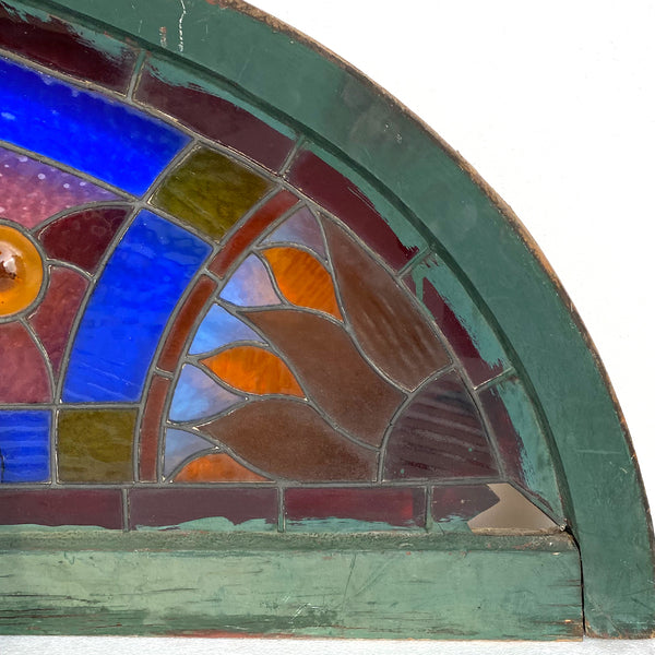 Large American Stained, Leaded and Jeweled Glass Arched Transom Window