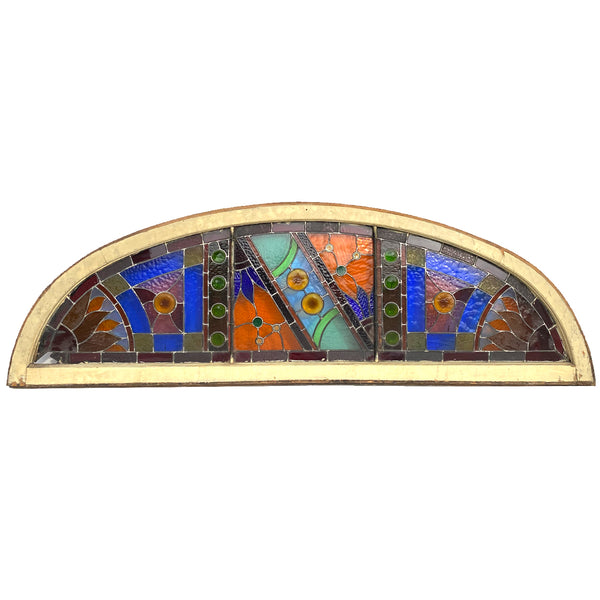 Large American Stained, Leaded and Jeweled Glass Arched Transom Window