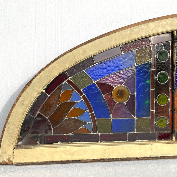 Large American Stained, Leaded and Jeweled Glass Arched Transom Window