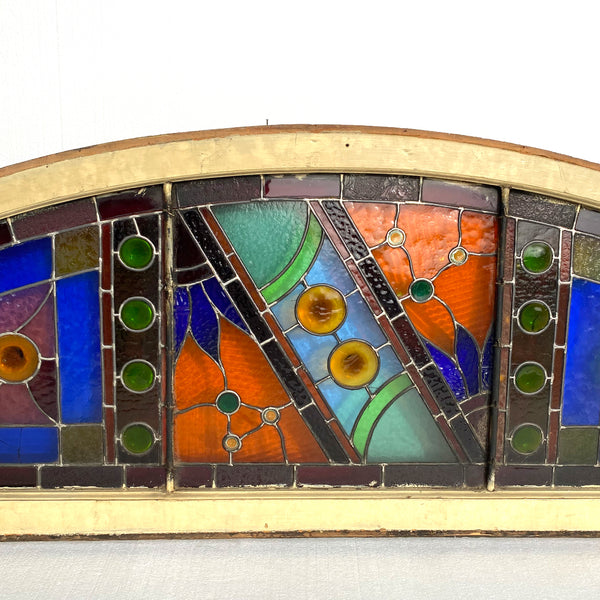 Large American Stained, Leaded and Jeweled Glass Arched Transom Window