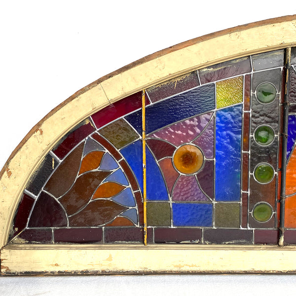 Large American Stained, Leaded and Jeweled Glass Arched Transom Window