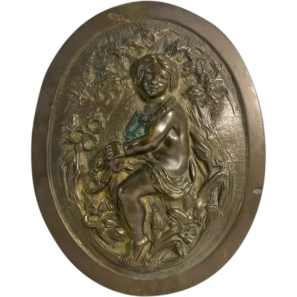 French Bronze Bas-Relief Maiden Oval Medallion Panel