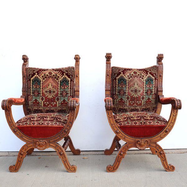 Pair French/German Renaissance Revival Oak Upholstered Library Armchairs