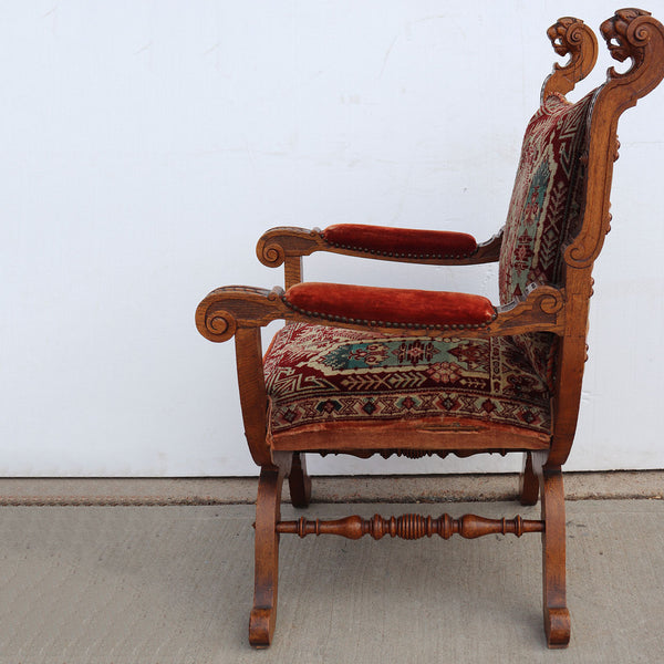 Pair French/German Renaissance Revival Oak Upholstered Library Armchairs