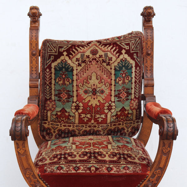 Pair French/German Renaissance Revival Oak Upholstered Library Armchairs