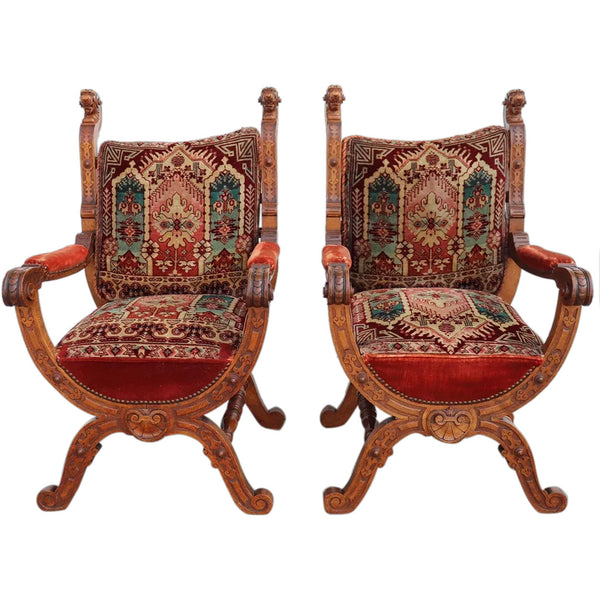 Pair French/German Renaissance Revival Oak Upholstered Library Armchairs