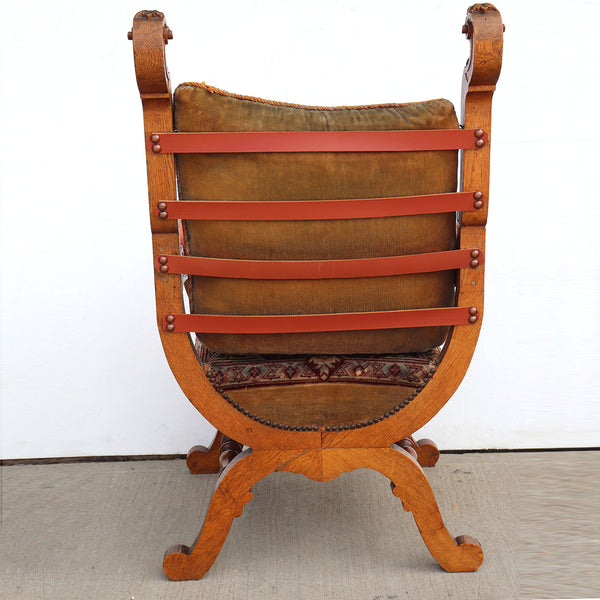 Pair French/German Renaissance Revival Oak Upholstered Library Armchairs