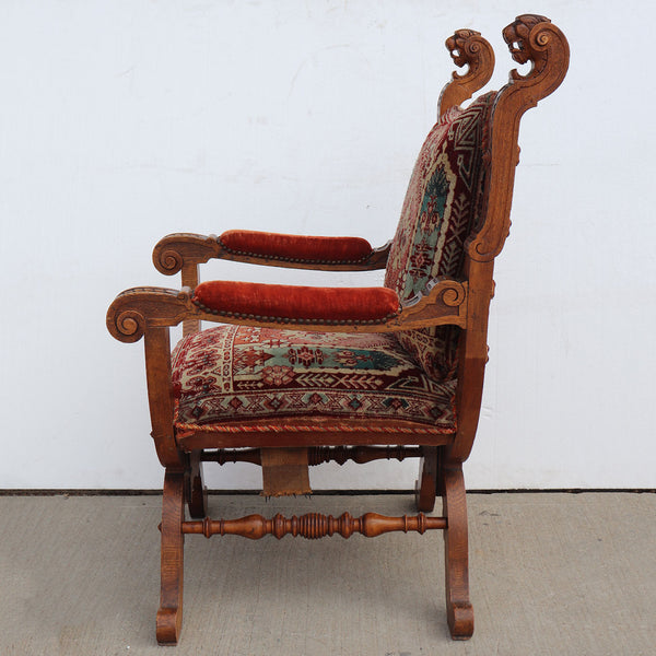 Pair French/German Renaissance Revival Oak Upholstered Library Armchairs