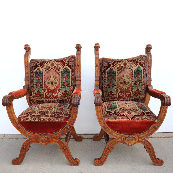 Pair French/German Renaissance Revival Oak Upholstered Library Armchairs