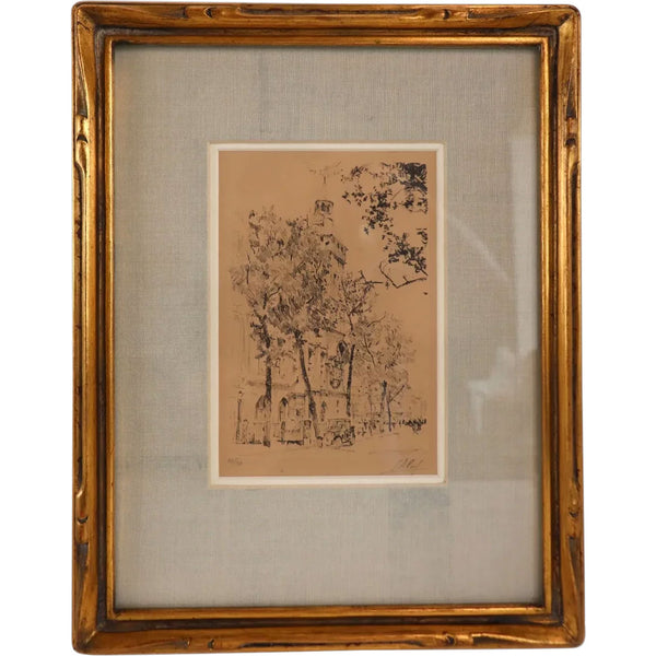 Vintage Etching on Paper, Street Scene and Trees, 10/90