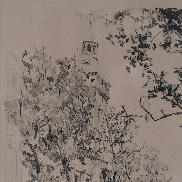 Vintage Etching on Paper, Street Scene and Trees, 10/90