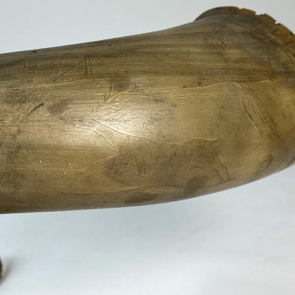 American New England Wood and Leather Mounted Engraved Powder Horn