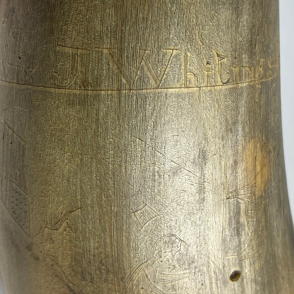 American New England Wood and Leather Mounted Engraved Powder Horn