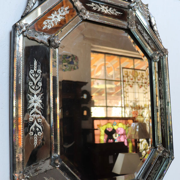 Large French HS & Cie Venetian Type Etched and Beveled Wall Mirror